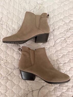 Women's Taupe Suede Ankle Bootie - Classic Block Heel